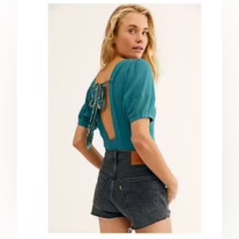 Free People Teal Blue Paisley Tie Back Top | Small